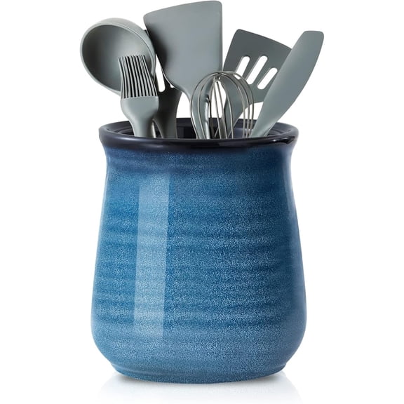 Tikooere Extra Large Ceramic Utensil Holder, 7.1 x 5.9 Vintage Farmhouse Navy Blue Kitchen Caddy, Rustic Utensil Organizer for Spatulas Spoons Cooking Tools