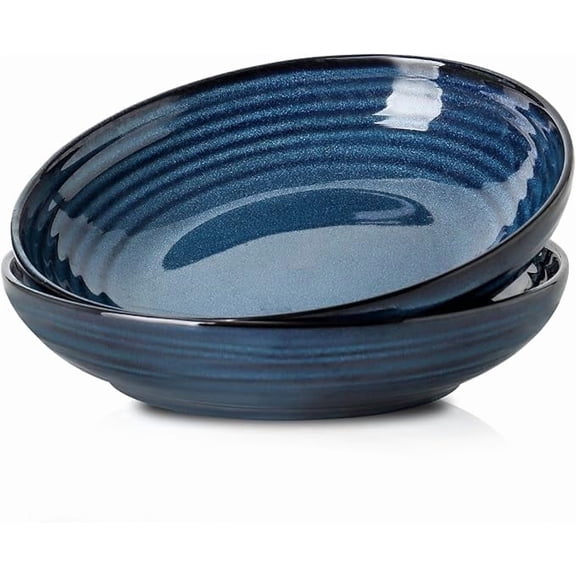 Tikooere Pasta Bowls 32 OZ,Ceramic Salad Serving Bowls Set of 2,Large 8.7 inch Shallow Bowls Plates,Dishwasher & Microwave Safe,Navy Blue