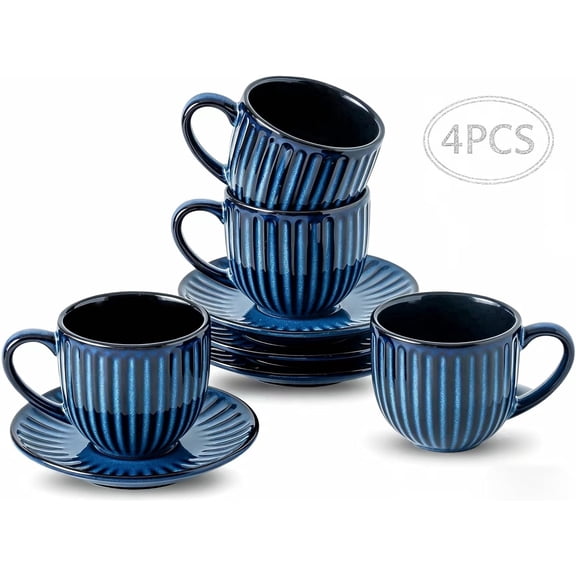 Tikooere Ribbed 6 Oz Ceramic Espresso Cups with Saucers Set of 4, Navy Blue Demitasse Tea Coffee Mugs with Big Handle, Home & Commercial Use
