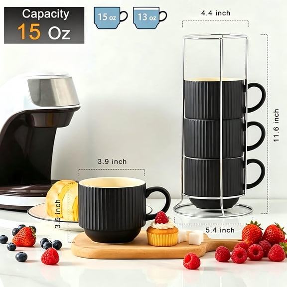 Tikooere Stackable 15oz Latte Mugs 4-Pack, Black Ribbed Ceramic Cups with Storage Stand for Coffee Tea Cocoa