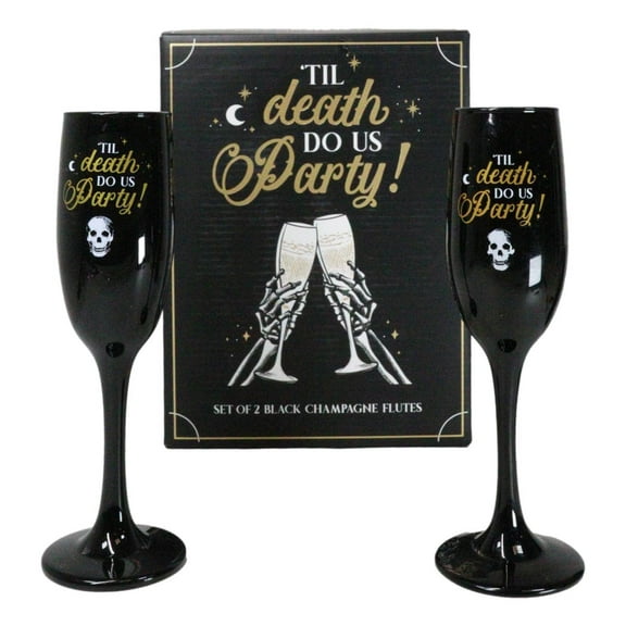 Til Death Do Us Party Series Skull Face Black & Gold Glass Champagne Flute Set