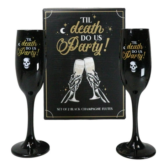 Til Death Do Us Party Series Skull Face Black & Gold Glass Champagne Flute Set