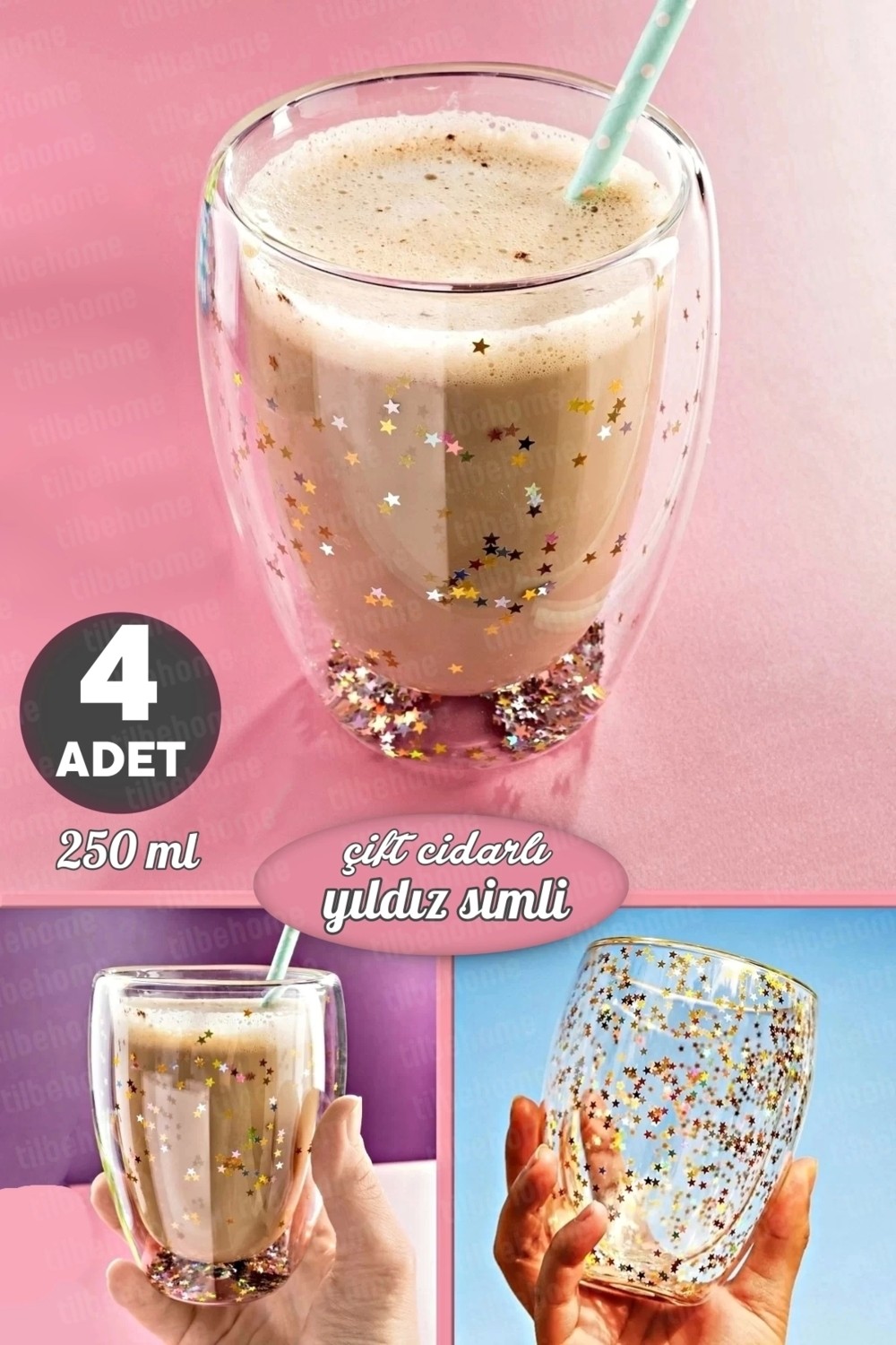 Tilbe Home 4Piece Double Walled Glass Star Glitter Coffee Presentation