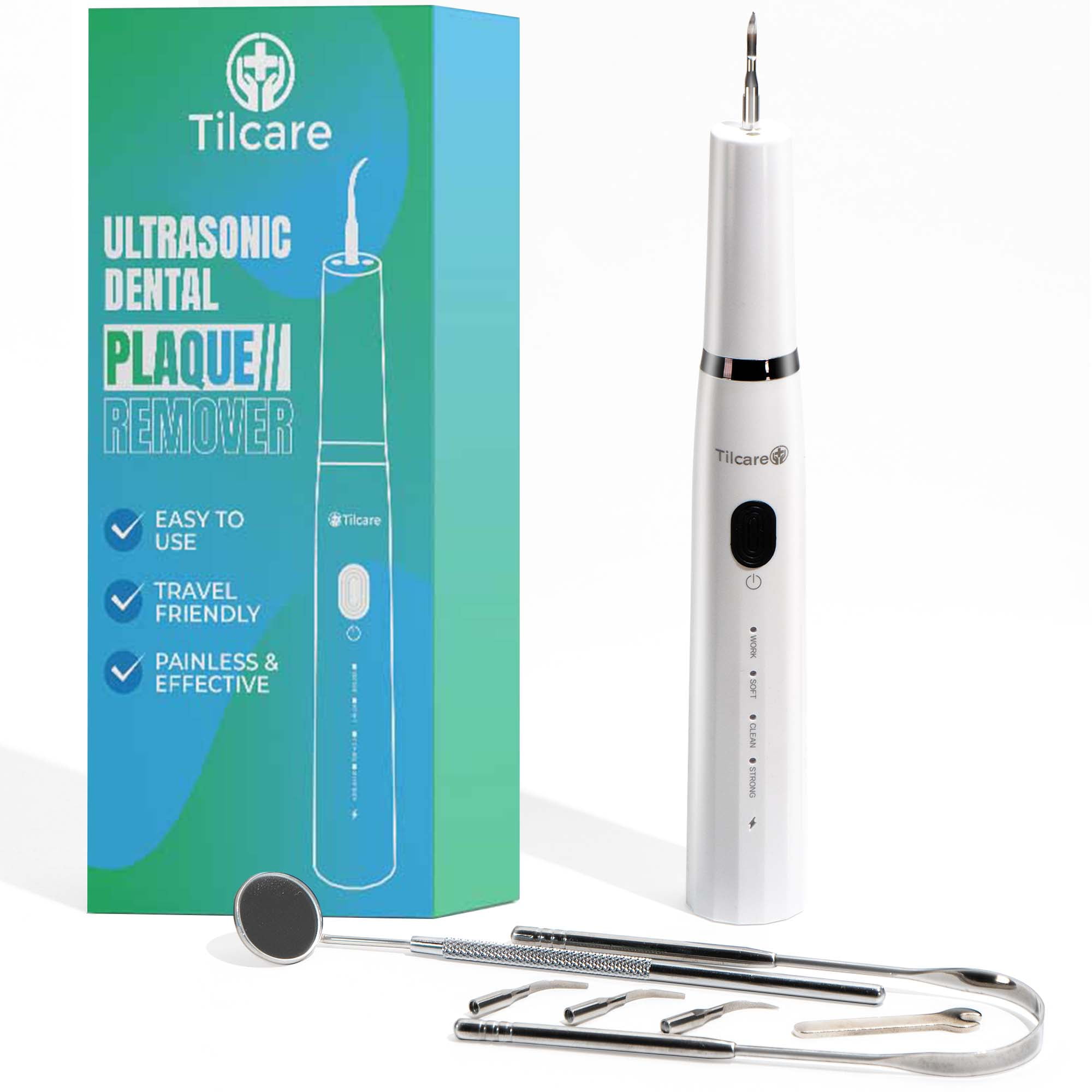 Tilcare Ultrasonic Dental Cleaner Kit - Electric Teeth Cleaning Kit for Stain Removal 4 Replacement Heads, Mirror and Tongue Scraper - Rechargeable with 3 Modes
