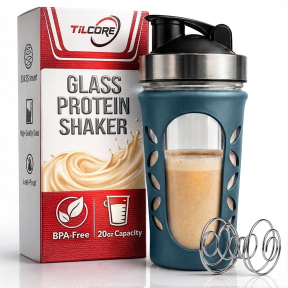 Tilcore Glass Protein Shaker Bottle for Protein Mixes and Shakes - 635ml 20oz, BPA-Free, Leak-Proof & Durable Glass Shaker Blender - Mixer Bottle for Gym