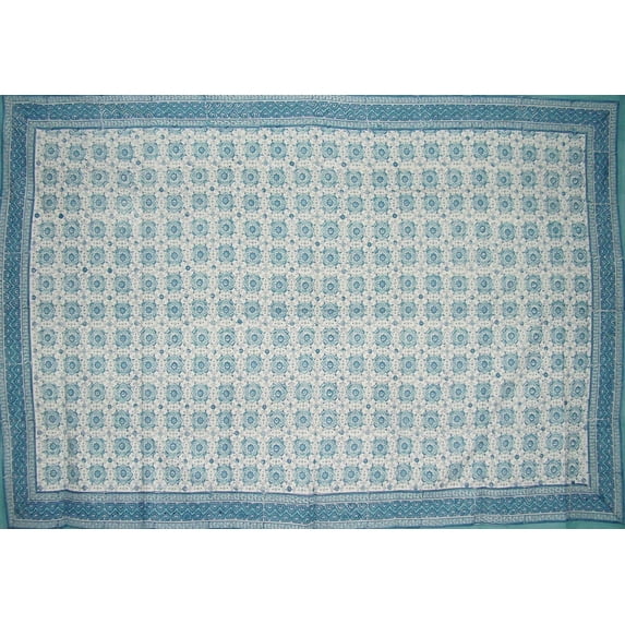 Tile Block Print Cotton Tablecloth 86" x 60" Blue