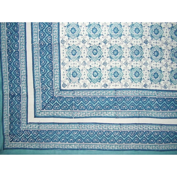 Tile Block Print Tapestry Cotton Spread 106" x 70" Twin Blue