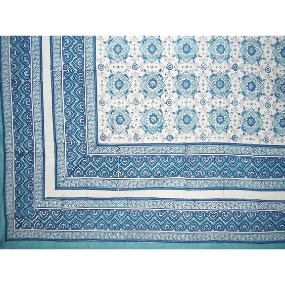 Tile Block Print Tapestry Cotton Spread 106" x 70" Twin Blue