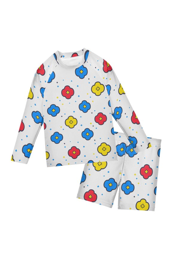 Tile Flower Pattern Boys' Bathing Suit UPF 50+ Boys' Rash Guard Sets Stretchy Quick Dry 3T-10T