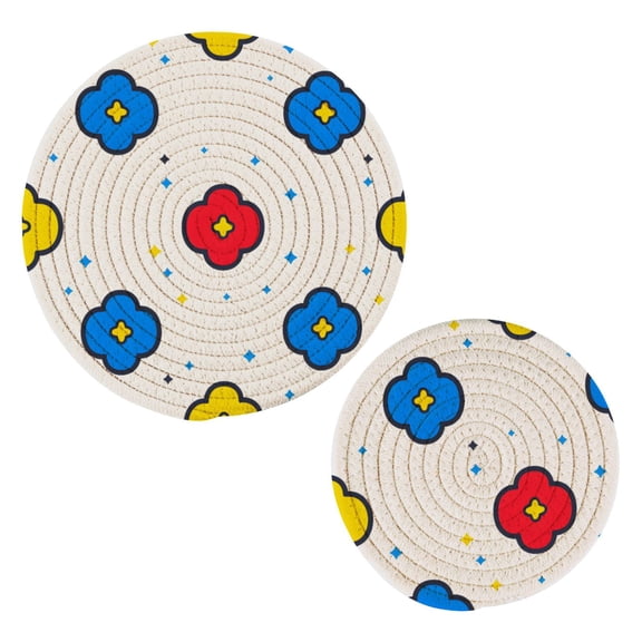 Tile Flower Pattern Cotton Trivets Potholders Set of 2 Handmade Heat Resistant Non Slip Absorbent