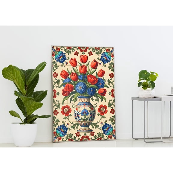 Tile Fully Orange Tulip Iznik Tile Art Ottoman Floral Design Mediterranean Pattern, Unframed Canvas Size 16x24