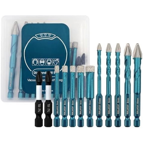 Tile Glass Drill Bits - 12 count 3/16"-3/8"  Drill Bits Set for Procelain Ceramic Tile Glass   PVC,Drill Bit with 1/4 Inch Quick Change Hex Shank