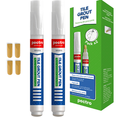 Tile Grout Pen White PECTRO Pack x 2 Grout Whitener with 4 Extra Nibs - Grout paint pen - Restore and Renew Grout Lines in Bathrooms & Kitchens - Waterproof Grout Reviver - Tile Grout Repair