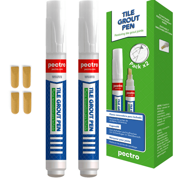 Tile Grout Pen White PECTRO Pack x 2 Grout Whitener with 4 Extra Nibs - Grout paint pen - Restore and Renew Grout Lines in Bathrooms & Kitchens - Waterproof Grout Reviver - Tile Grout Repair