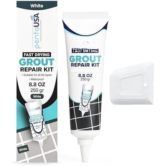 Tile Grout Repair Kit - White Grout Filler, Triple Protection,  Drying Formula Restores and Renews Grout Lines with Scraper (White, 8.8oz / 250gr)