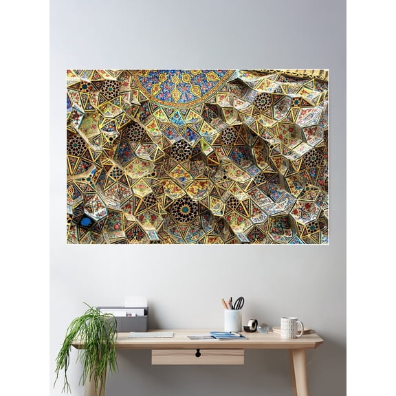 Tile Mosaic Ceiling Entrance Door, Nasir-Al-Molk Mosque, Shiraz Poster Wall Art, Modern Wall Decor For Living Room Bedroom, 16x24 UNFRAMED