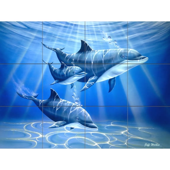 Tile Mural Bathroom Backsplash - Dolphin Journey - by Jeff Wilkie