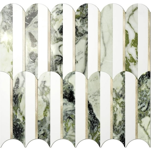 Tile Peel and Stick Backsplash Seamless Tile,10-Sheets Stick on Backsplash for Kitchen and Bathroom, Pure White+Ice Green Marble+Light Gold PVC Self Adhesive Mosaic Tiles