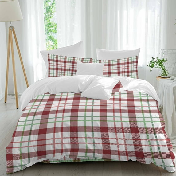 Tile Red Duvet Cover Set Queen Size, and Green Grid 4 Piece Soft Microfiber Bedding Set with 1 Duvet Cover, 1 Flat Sheet, 2 Pillowcases