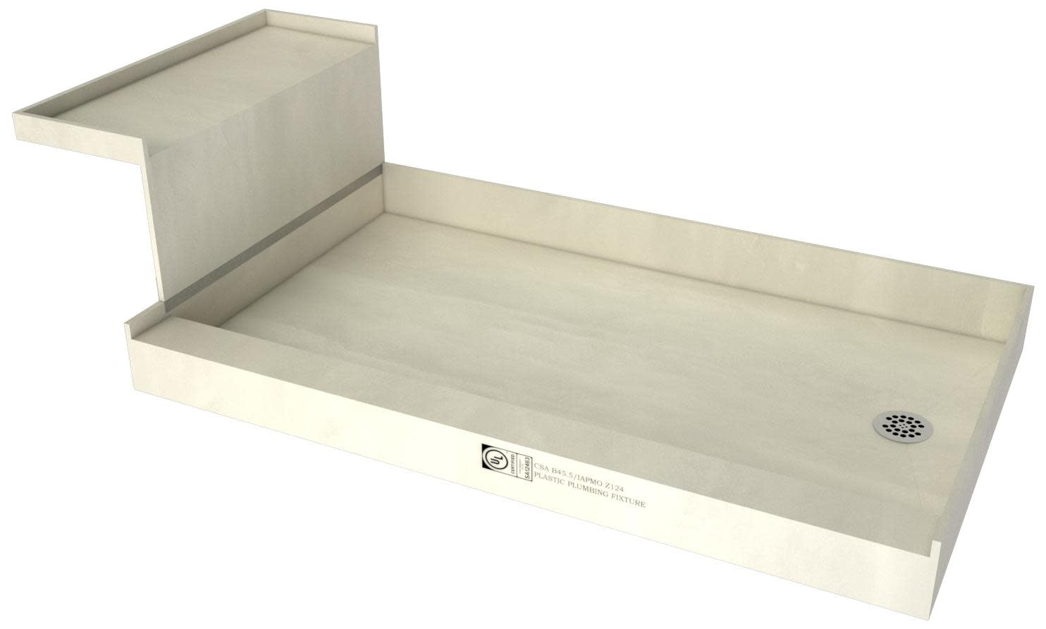 Beige 60" x 30" Shower Pan Base with Bench and Nickel Drain