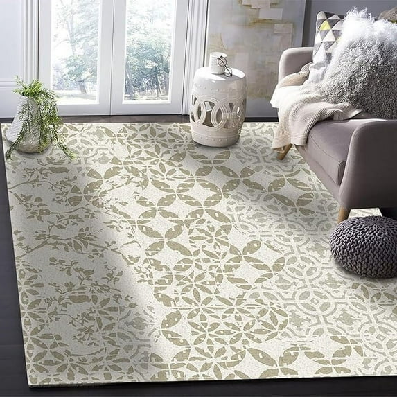 Tile Retro Geometric Area Rug, Abstract Beige Flower Txeture Indoor Non-Slip Rugs, Upholstery Rug With Non-Slip Backing For Kids Boys Girls Bedroom Living Room Dining Room 4 x 6ft