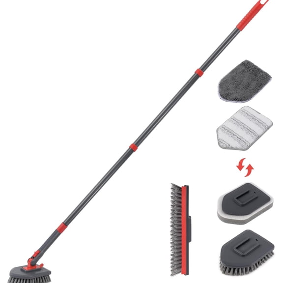 Tiumso Tile Scrubber with Long Handle, Tub Scrubber, 49'' Scrub Brush with Detachable Pads and Grout Brush, Tile Brush for Cleaning Shower - Red and Grey