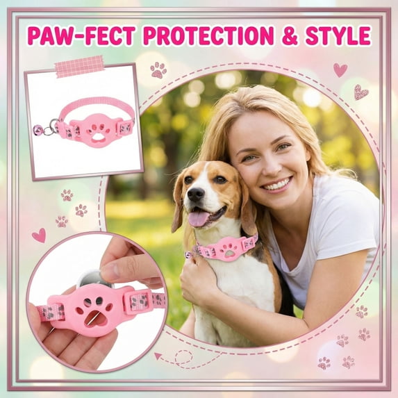 Tile Sticker Holder Cat Tracking Collar, Reflective Small Dog Collar with Protective Holder for Tracking Tag, Anti-Lost Adjustable Pet Neck Strap with Bell, Lightweight, Pink