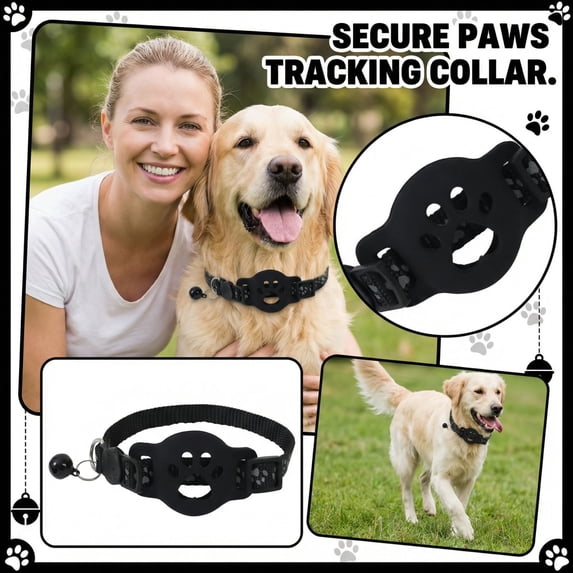 Tile Sticker Holder Cat Tracking Collar, Reflective Small Dog Collar with Protective Holder for Tracking Tag, Anti-Lost Adjustable Pet Neck Strap with Bell, Lightweight, Black