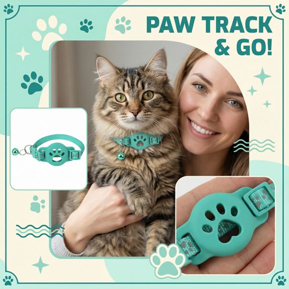 Tile Sticker Holder Cat Tracking Collar, Reflective Small Dog Collar with Protective Holder for Tracking Tag, Anti-Lost Adjustable Pet Neck Strap with Bell, Lightweight, Mint Green