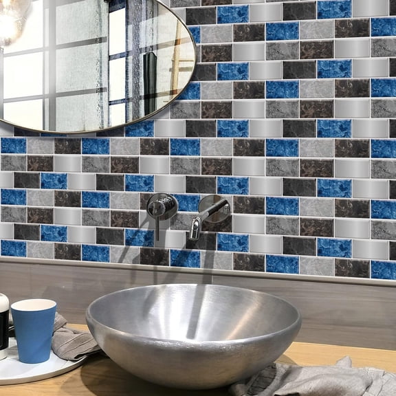 Tile Stickers 12"x6" Blue Gray Brick Decals Kitchen Bathroom Removable Waterproof Decor Peel and Stick 6 Pcs Set