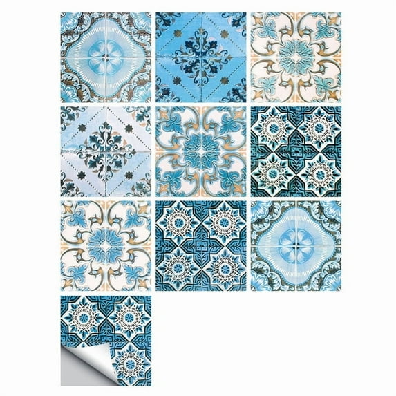 Tile Stickers 6"x6" Blue Self-adhesive Waterproof Vinyl Peel and Stick Kitchen Bathroom Wall Decals Decor 10 Pcs Set