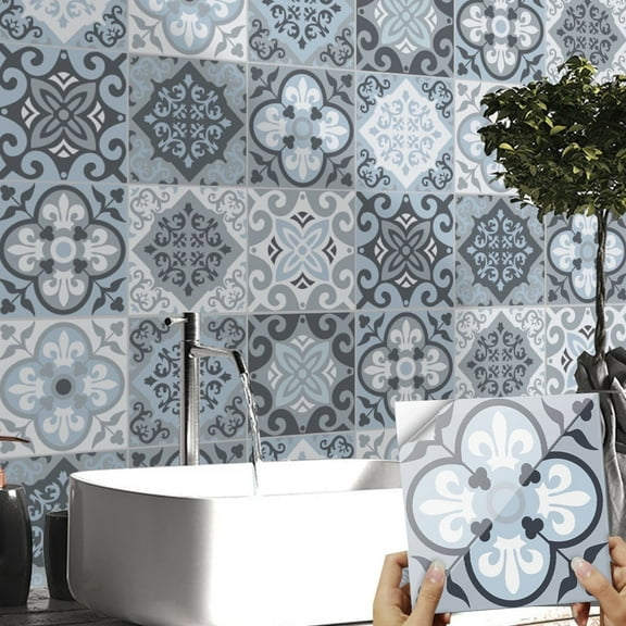 Tile Stickers 8" x 8" Blue Gray Retro Decor Kitchen Backsplash 10Pcs Vinyl Decals Waterproof Peel and Stick Tiles Wallapper Wall Mural