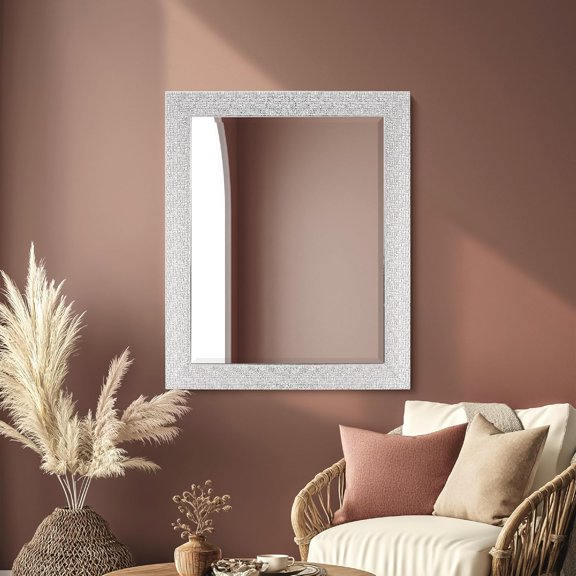 Tile Textured Beveled Frame Chrome and White Mirror, Decorative Wall Mounted Framed Mirrors for Bathroom Sink, Bedroom, and Living Room, 27.5" x 33.5"