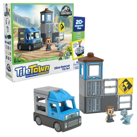Tile Town Jurassic World Dino Rescue Magnetic Tiles Magnetic Tile Set, Figures, Car, Ages 3+
