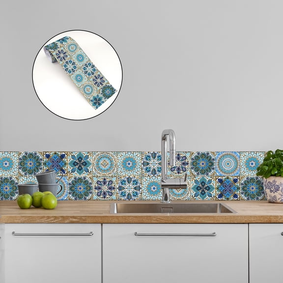 Tile Wall Stickers 3.9x94.5 Inch Mandala Tile Border Decal Roll Blue Boho Style Kitchen Bathroom Decor