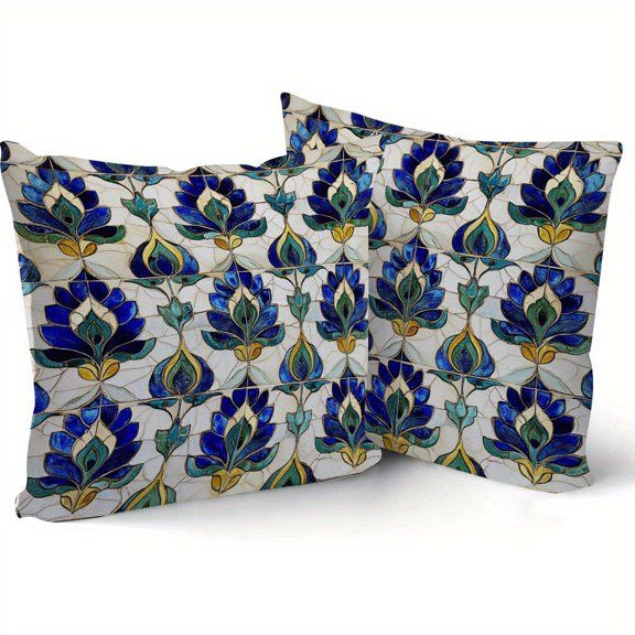 Tile cushions, soft polyester, blue-and-white geometric patterns, zippered closures – perfect for sofas, couches, or beds (pillow pads are not included).