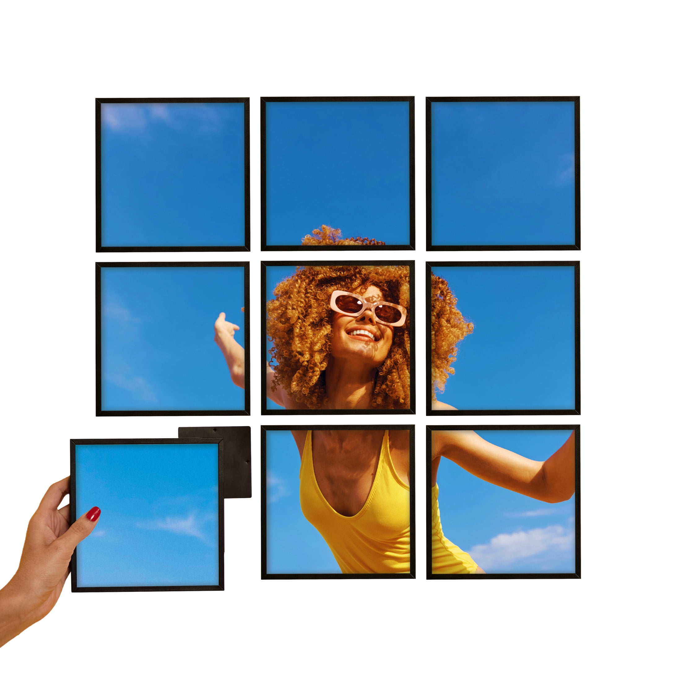 TilePix Mini 6x6 Black Photo Frame 9-Piece - Customizable Magnetic Frame for Gallery Wall, Nail-Free Hanging Photo Tile