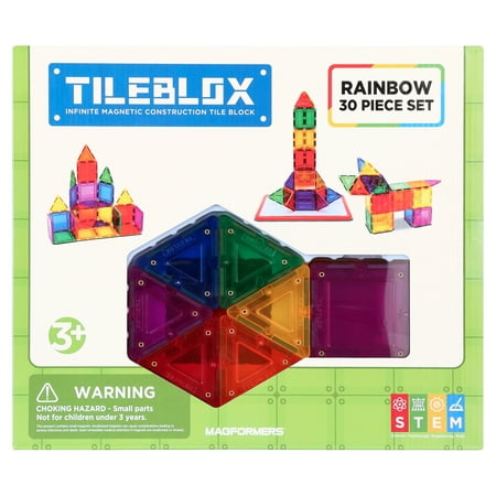 Tileblox Rainbow Multicolor 30Pc Magnetic Tiles with activity board