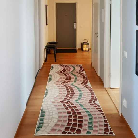 Tiles Decorative Rug, Gradient Colored Mosaic Waves Setting Antique Roman Royal Dated Retro Patterns, Quality Carpet for Bedroom Dorm and Living Room, 6 Sizes, Teal Redbrown, by Ambesonne