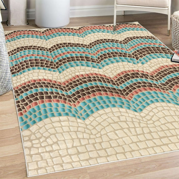 Tiles Decorative Rug, Gradient Colored Mosaic Waves Setting Antique Roman Royal Dated Retro Patterns, Quality Carpet for Bedroom Dorm and Living Room, 6 Sizes, Turquoise Brown, by Ambesonne