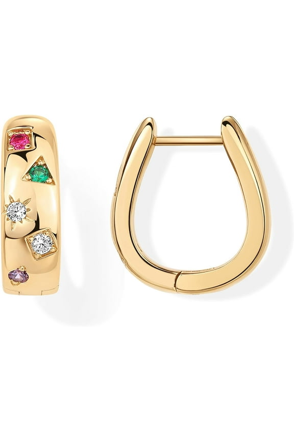 14K Gold Plated 925 Sterling Silver Posts Chunky Huggie Earrings for Women | Multi-Colored Cubic Zirconia Statement Hoop Earrings