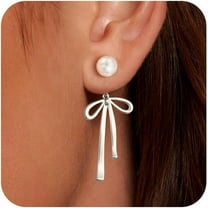 Tilga 14K Gold Plated/Silver Earrings for Women Trendy, Dainty Bow Earrings for Women Cute Pearl Huggie Earring Hoops Twist Rope Bow Stud Pearl Dangle Cubic Zirconia Earrings Jewelry Gifts