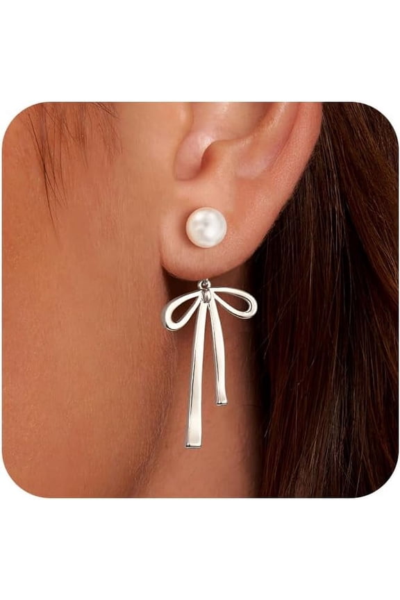 14K Gold Plated/Silver Earrings for Women Trendy, Dainty Bow Earrings for Women Cute Pearl Huggie Earring Hoops Twist Rope Bow Stud Pearl Dangle Cubic Zirconia Earrings Jewelry Gifts