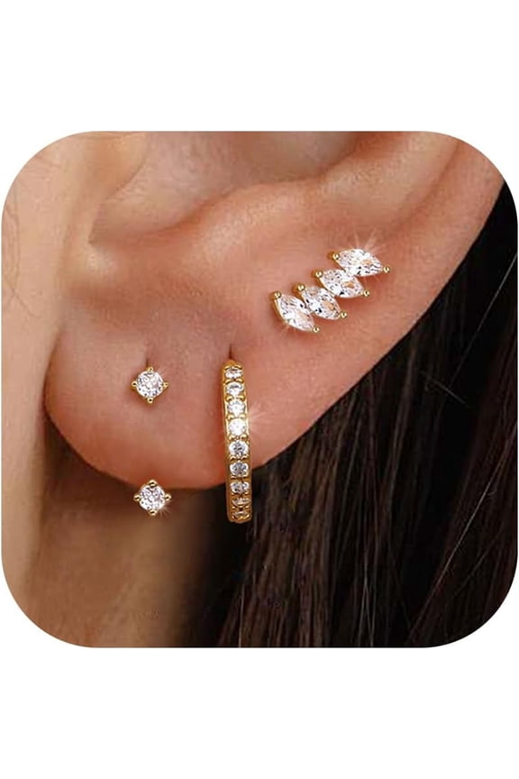 Soleili 3Pairs 925 Sterling Silver Earrings for Women, 14K Gold Plated Small Huggie Hoop Earrings Sets for Multiple Piercing Hypoallergenic, CZ Cartilage Earrings Stacks Trendy Earrings Jewelry Gifts