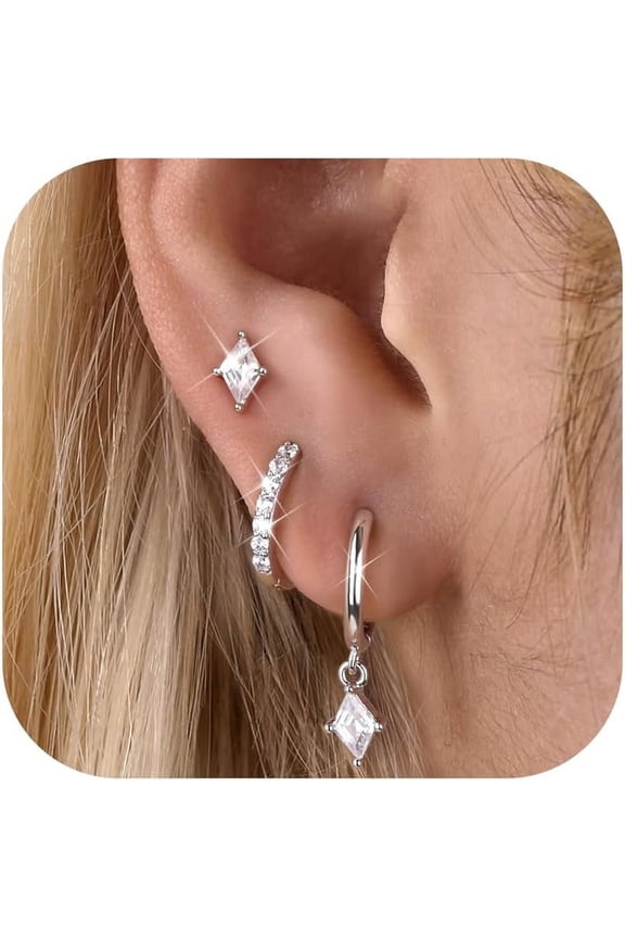 3Pairs 925 Sterling Silver Earrings for Women, 14K Gold Plated Small Huggie Hoop Earrings Sets for Multiple Piercing Hypoallergenic, CZ Cartilage Earrings Stacks Trendy Earrings Jewelry Gifts