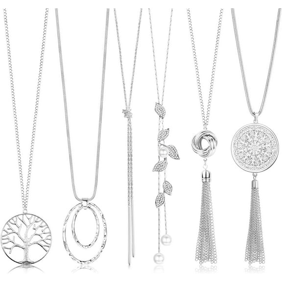 Tilga 6Pcs Long Necklaces for Women Tassel Pendant Necklace Circle Knot Bar Feather Leaf Sweater Necklace Statement Necklace for Women