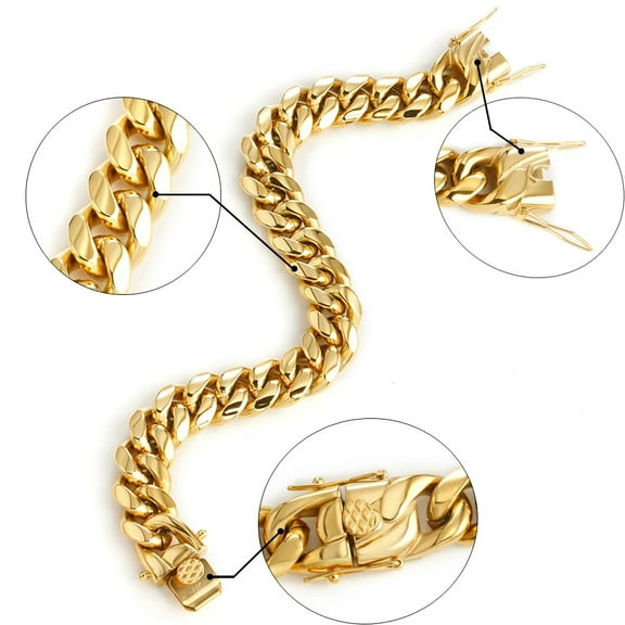 Tilga 6mm/8mm Miami Cuban Chain, 14K Gold-Plated Solid Stainless Steel Necklace, Unisex, Available in 8" to 24" Sizes (Ideal Christmas Gift).