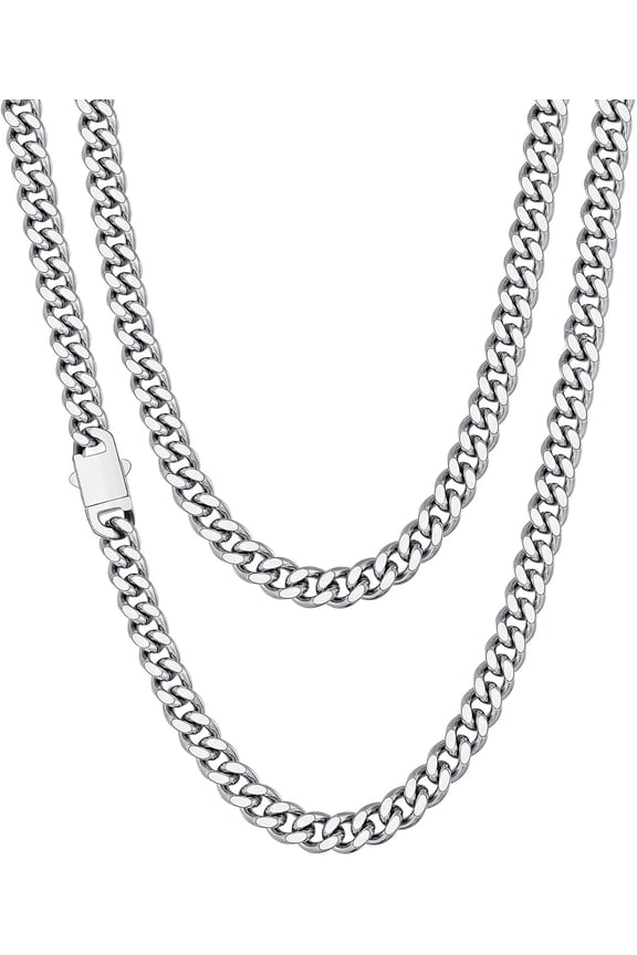 Tilga Christmas gift, silver/14K gold plated men's necklace, 5mm/7mm/9mm stainless steel Cuban chain necklace, men's necklace length 18-24 inches.