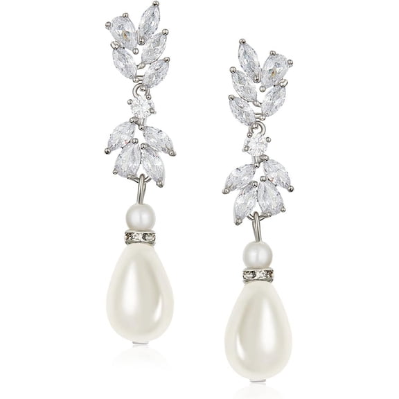 Tilga Cubic Zirconia Pearl Drop Wedding Earrings for Brides, Ivory Bridal Pearl Earrings for Bridesmaid Jewelry Gift