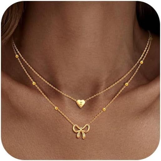 Tilga Gold Bow Necklace for Women - Layered Bow Heart Gold Necklace for Women Trendy Dainty 14K Gold Plated Heart Initial Choker Chain Layered Bow Pendant Jewelry Gifts